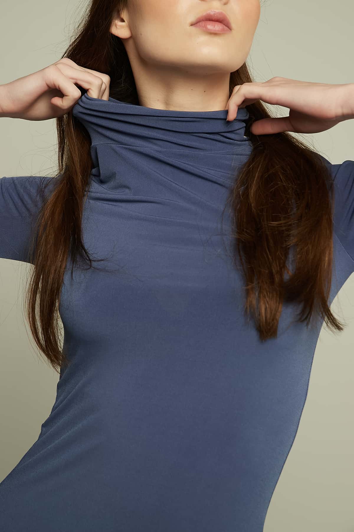 Long Sleeves High-Neck Basic Top in Blue Color